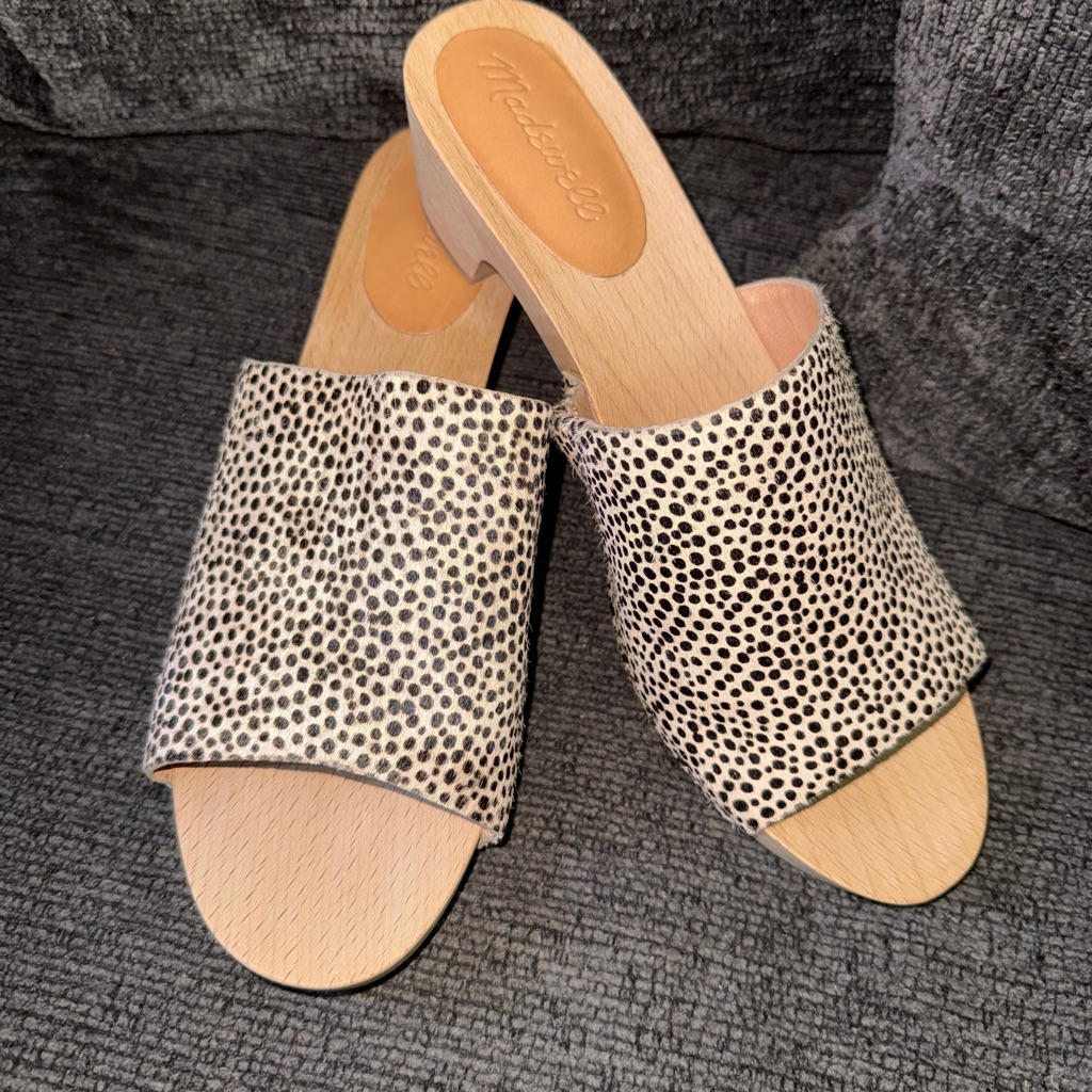 Madewell The Evelyn Slide Clog Sandals Spotted Calf Hair Shoes Womens Sz 8.5
